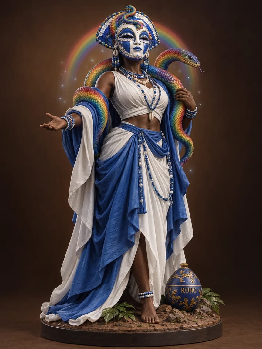 Figurine d'Ayida Wedo : masque bleu et blanc, drapé bleu et blanc, serpent arc-en-ciel enroulé sur les épaules.