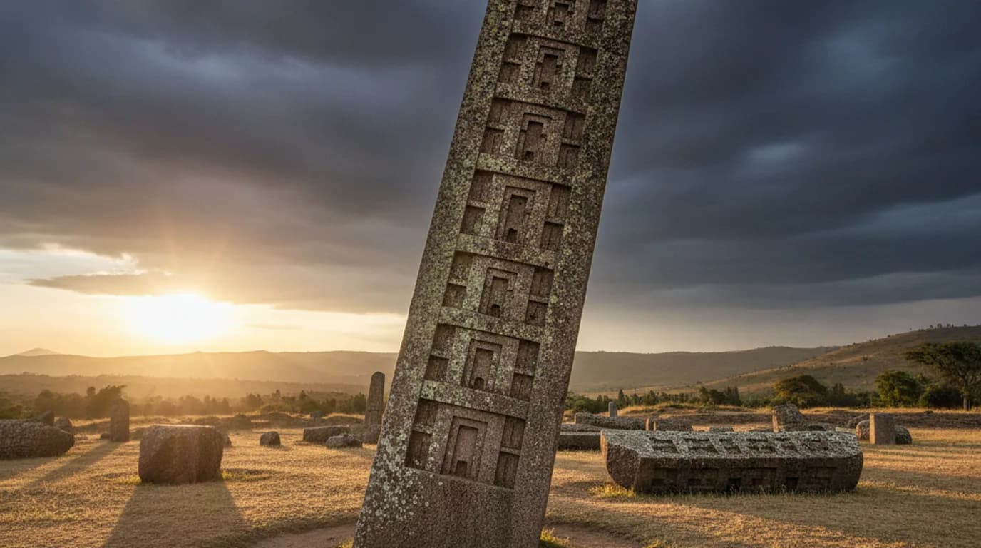 Stèle de granit d'Aksum dressée au crépuscule sur les hauts plateaux éthiopiens, lumière rasante et ciel chargé.