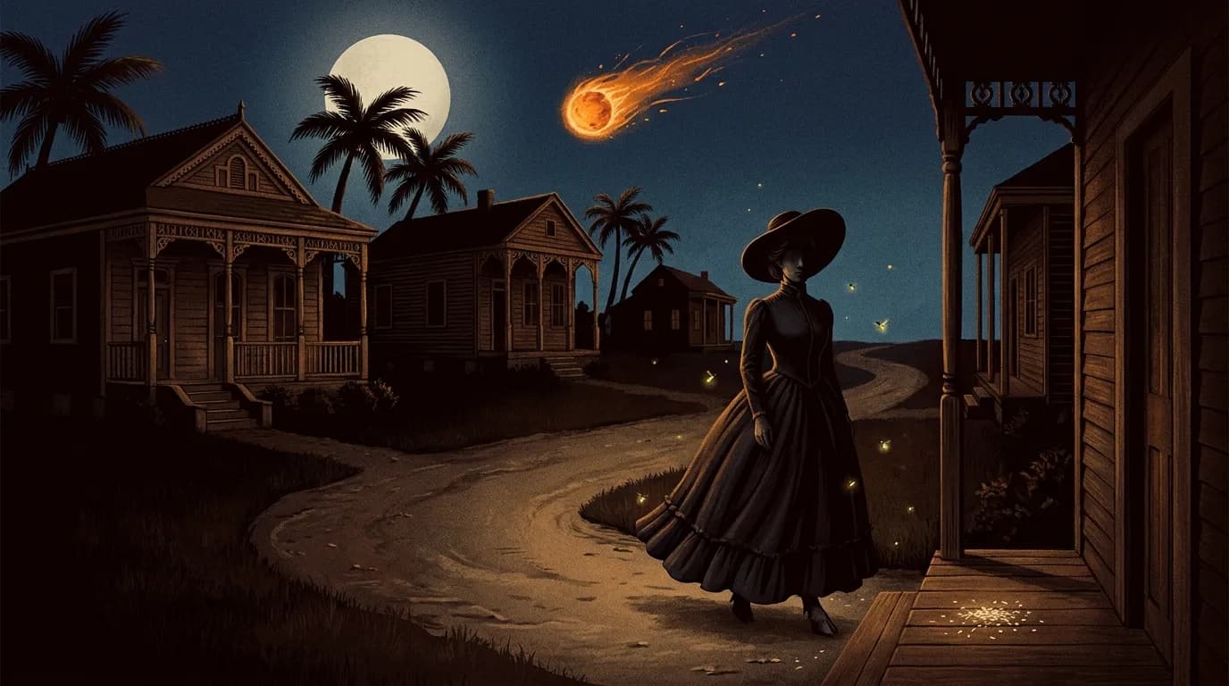 Nuit créole : une boule de feu traverse le ciel au-dessus d'un village antillais, la silhouette de La Diablesse sur le chemin.
