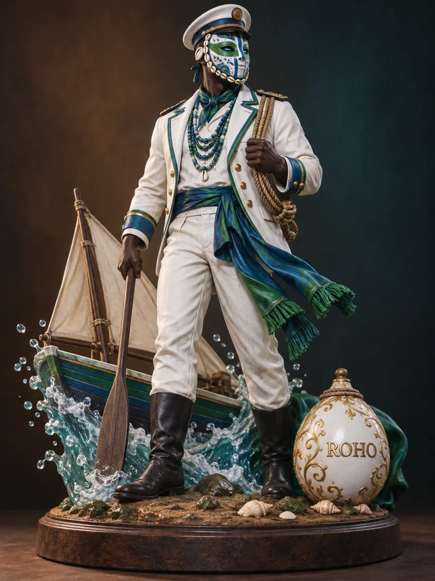 Figurine d'Agwé, lwa de la mer, en officier de marine masqué, aux couleurs blanc, vert et bleu de mer.