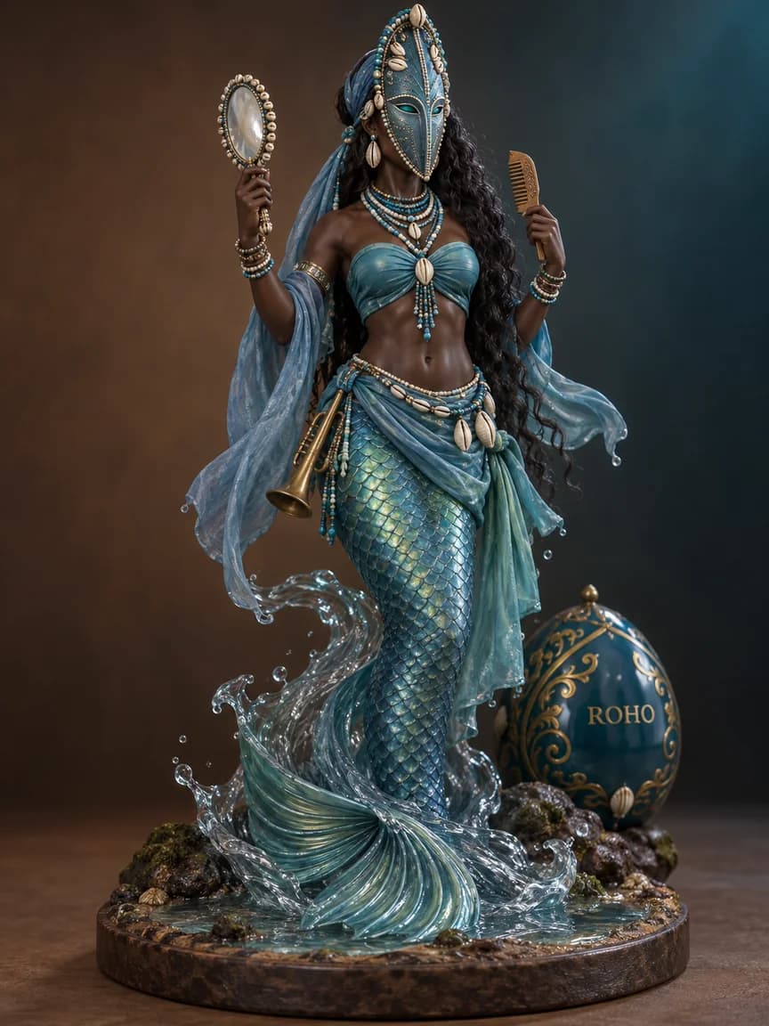 Figurine de La Sirène, lwa de la mer, femme-poisson masquée aux couleurs bleu-vert et bleu clair.
